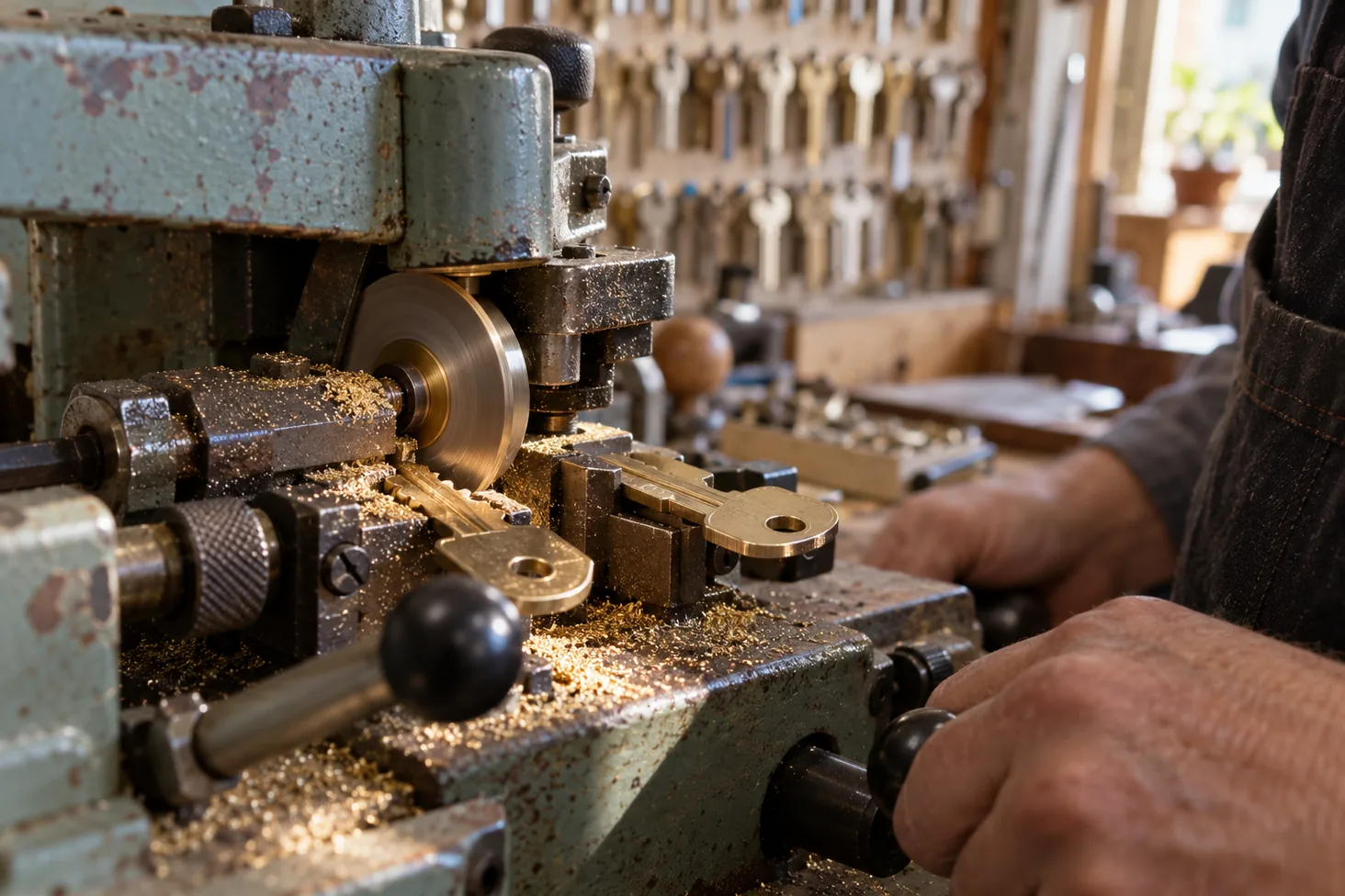 Schlüsselkopiermaschine in einer Werkstatt: ein Messingschlüssel wird nach dem Original gefräst
